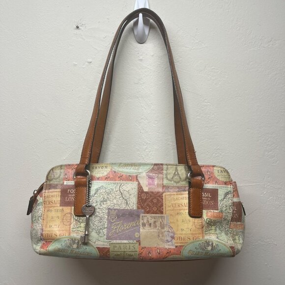 Vintage Fossil Leather Purse Bag Shoulder Travel Map Postcard Paris 1954 - Picture 1 of 16